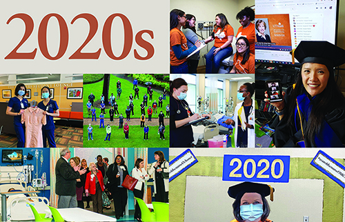 Photo collage from the 2020s including masked students, virtual graduation, and Sim Lab