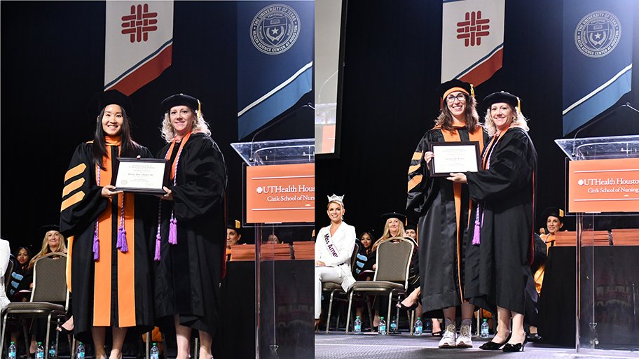 Dr. Joyce Ju and Dr. Sydnee Lucas receiving 2025 McGovern Outstanding Teacher of the Year Awards from Dean Diane Santa Maria.