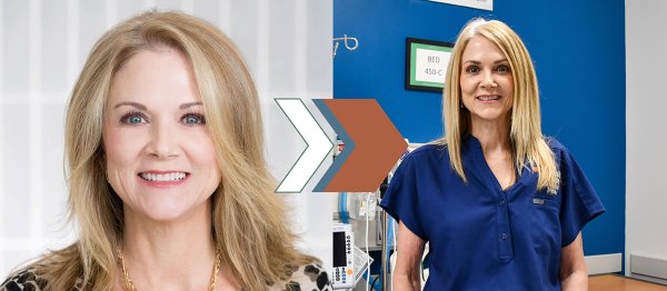 On the left side, a headshot of Angela Siebe while working as a vice president. On the right side, a photo of her in the Cizik School of Nursing’s simulation lab wearing scrubs.