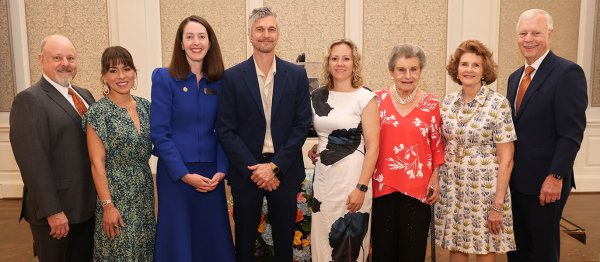 L-R - Kenneth Lewis, Carla Diaz-Lewis, UTHealth Houston President Melina Kibbe, Ned Brower, Dean Diane Santa Maria, Jane Cizik, Joyce Standish, and Tom Standish.