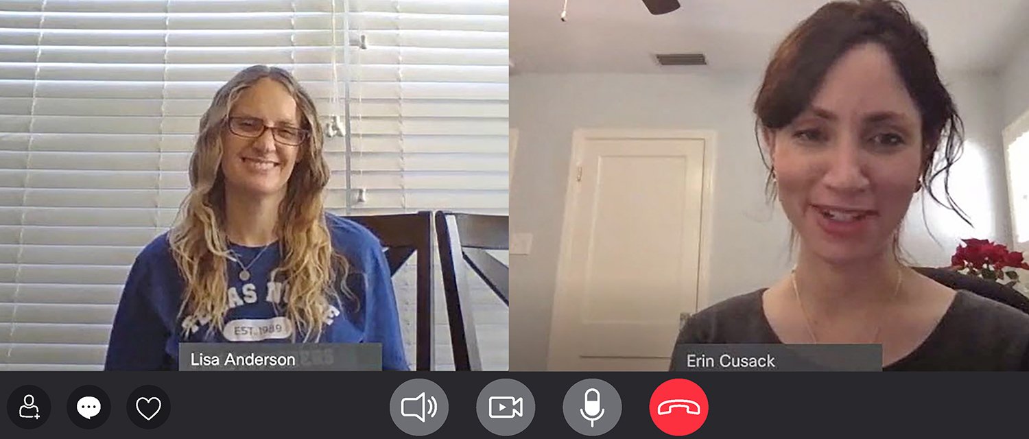 Lisa Anderson, MSN, RN, and Erin Cusack, director of government affairs for Texas Nurse Practitioners, confer via video conference.