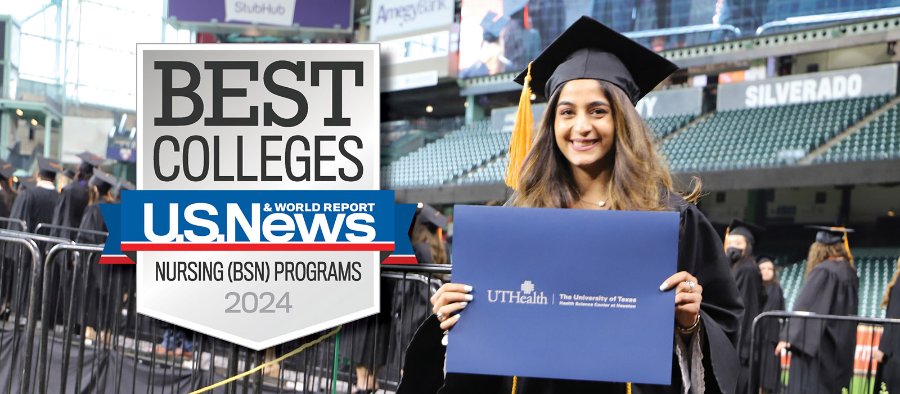 Cizik School of Nursing BSN graduate with U.S. News & World Report badge that says 