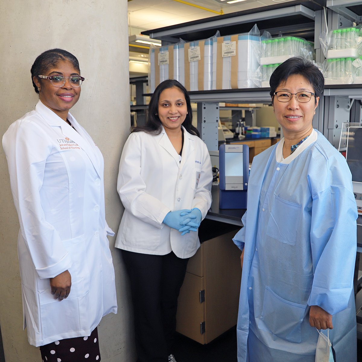 Pictured (L-R): Director of Research Services Charmaine Wilson, Senior Research Associate Sharvari Kamat, and Hongyu Wang, Hongyu Wang, MD, PhD, the CNR Lab’s interim director.