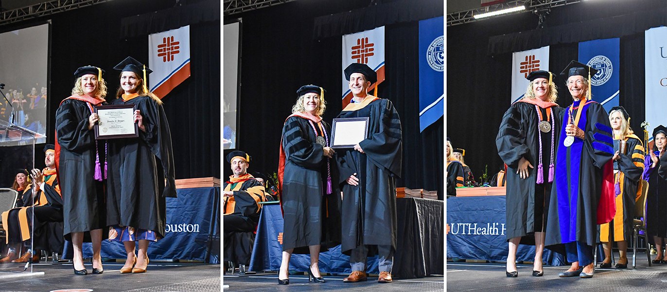 Cizik School of Nursing Dean Diane Santa Maria presents awards to Jennifer Dugger (pictured left), Peter Slivinski, and Sandra Hanneman (pictured right) during the 2026 commencement ceremony.