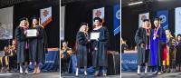 Cizik School of Nursing Dean Diane Santa Maria presents awards to Jennifer Dugger (pictured left), Peter Slivinski, and Sandra Hanneman (pictured right) during the 2026 commencement ceremony.