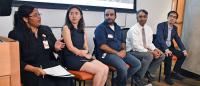 Participating in a panel on robotics and aging were (L-R) Latarsha Cheatham, Jing Wang, Shayan Shams, Aanand Naik, and Xiaoqian Jiang.
