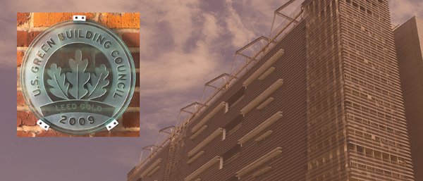 Image of LEED Gold(R) plaque overlays the Cizik School of Nursing building.