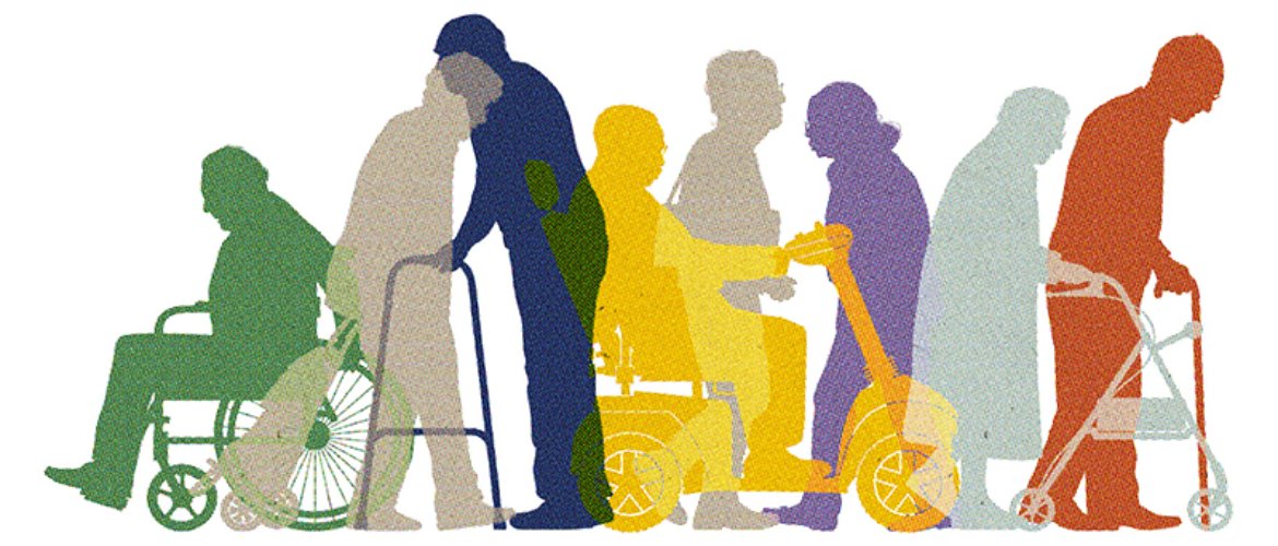 Graphic image of older adults with walkers, wheel chairs, and scooters.
