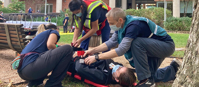 Nursing students participating in disaster drill.