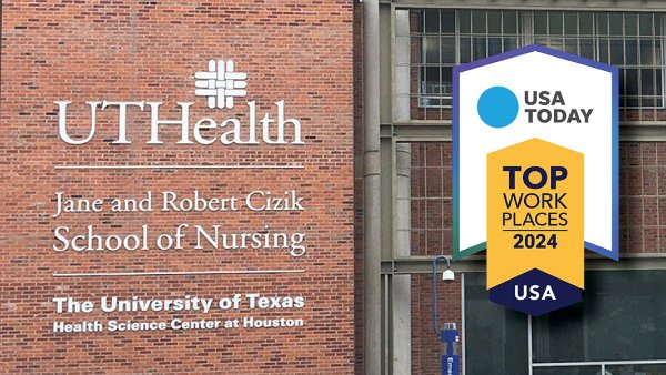 Cizik School of Nursing building with USA Today top workplaces badge.