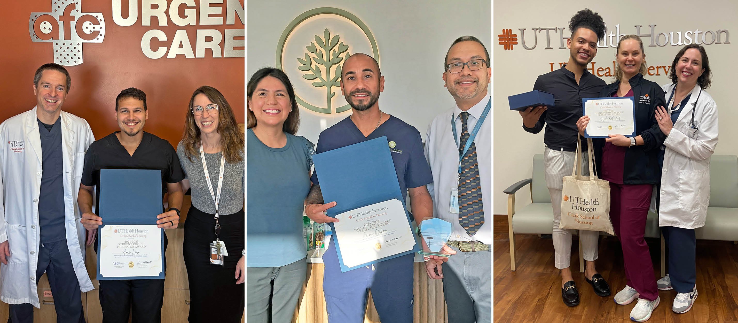 Pictured (L-R): First column: Flint, Lara, and FNP track co-coordinator Sydnee Lucas; second column: Miranda, Ochoa, and Joe Perez, graduate clinical coordinator; and third column: Green, Rutherford, and current FNP student Sara Stock.