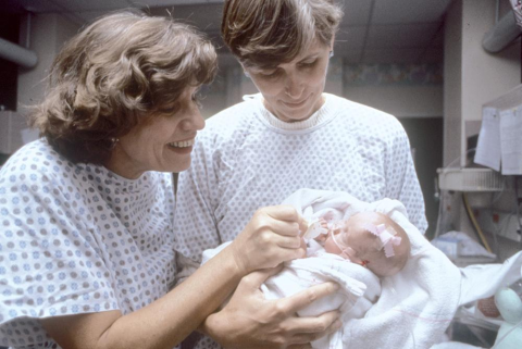 In 1994, Joan Engebretson, DrPH, RN (pictured left), and Diane Wardell, PhD, RN, receive a patent for the first pacifier designed for low birth weight babies, branded “Wee Thumbies.”