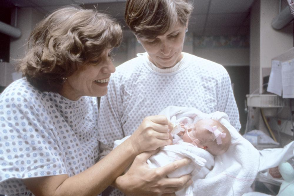 In 1994, Joan Engebretson, DrPH, RN (pictured left), and Diane Wardell, PhD, RN, receive a patent for the first pacifier designed for low birth weight babies, branded “Wee Thumbies.” In 1994, Joan Engebretson, DrPH, RN (pictured left), and Diane Wardell, PhD, RN, receive a patent for the first pacifier designed for low birth weight babies, branded “Wee Thumbies.”