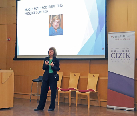 Patricia A. Grady, PhD, FAAN, director emeritus of the National Institute of Nursing Research, delivers the inaugural Jane and Robert Cizik Lecture on March 22, 2022.