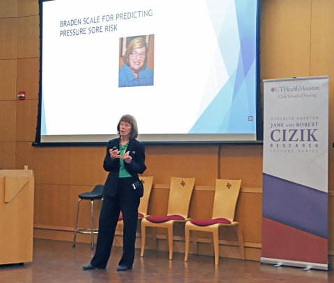 Patricia A. Grady, PhD, FAAN, director emeritus of the National Institute of Nursing Research, delivers the inaugural Jane and Robert Cizik Lecture on March 22, 2022. Patricia A. Grady, PhD, FAAN, director emeritus of the National Institute of Nursing Research, delivers the inaugural Jane and Robert Cizik Lecture on March 22, 2022.