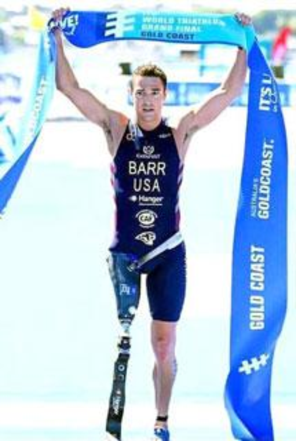 Mark Barr crosses the finish line at the 2018 World Triathlon Grand Final in Gold Coast, Australia. (Photo courtesy of Mark Barr) Mark Barr crosses the finish line at the 2018 World Triathlon Grand Final in Gold Coast, Australia. (Photo courtesy of Mark Barr)