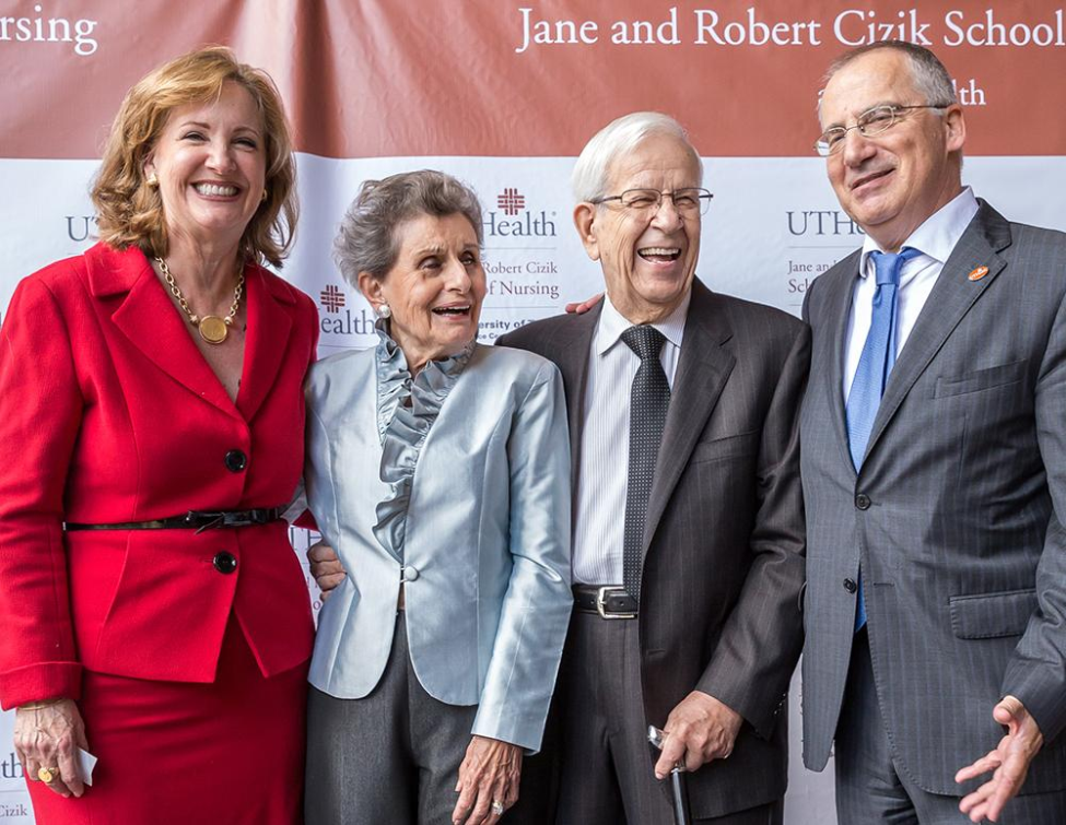 Dean Lorraine Frazier (left) and UTHealth Houston President Giuseppe N. Colasurdo, MD (right) share a laugh with the Ciziks at the naming ceremony. Dean Lorraine Frazier (left) and UTHealth Houston President Giuseppe N. Colasurdo, MD (right) share a laugh with the Ciziks at the naming ceremony.