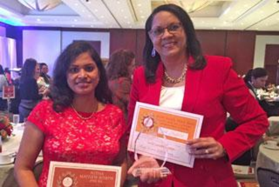 Bronze Medalist Dr. Nitha Mathew Joseph (left) and Gold Medal winner Dr. Mary Ellen Trail Ross at the Sept. 5th luncheon at the Royal Sonesta Houston Galleria hotel. Bronze Medalist Dr. Nitha Mathew Joseph (left) and Gold Medal winner Dr. Mary Ellen Trail Ross at the Sept. 5th luncheon at the Royal Sonesta Houston Galleria hotel.