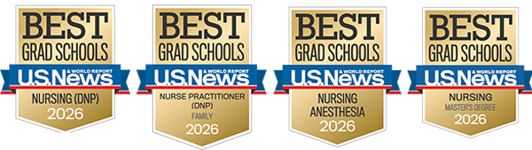 Four USNWR badges depicting awards for the DNP, Anesthesia, and Master's programs