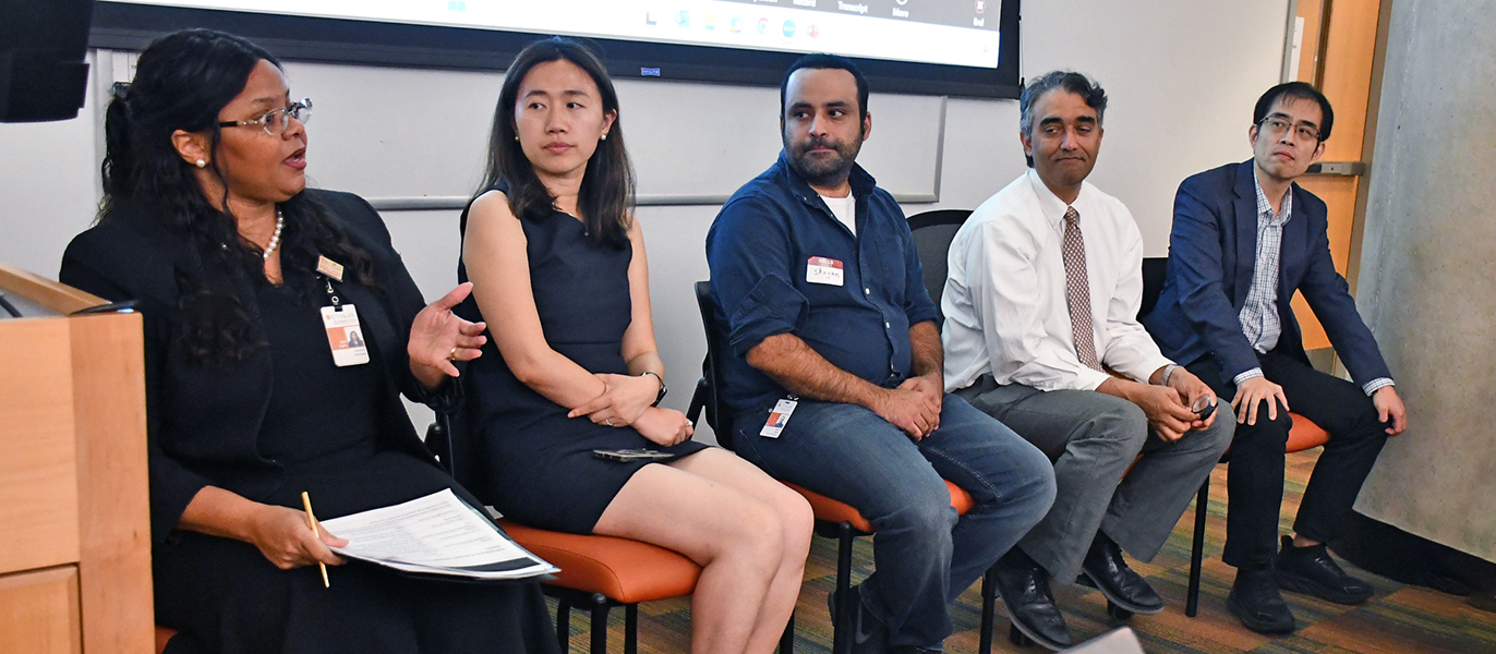 Participating in a panel on robotics and aging were (L-R) Latarsha Cheatham, Jing Wang, Shayan Shams, Aanand Naik, and Xiaoqian Jiang.
